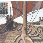 Old postcard with viking ship